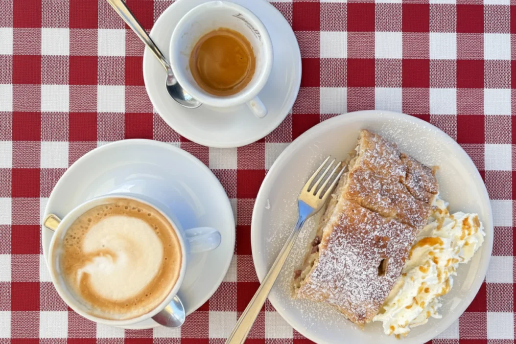 Apple strudel and coffee at Bait del Germano in Paganella.