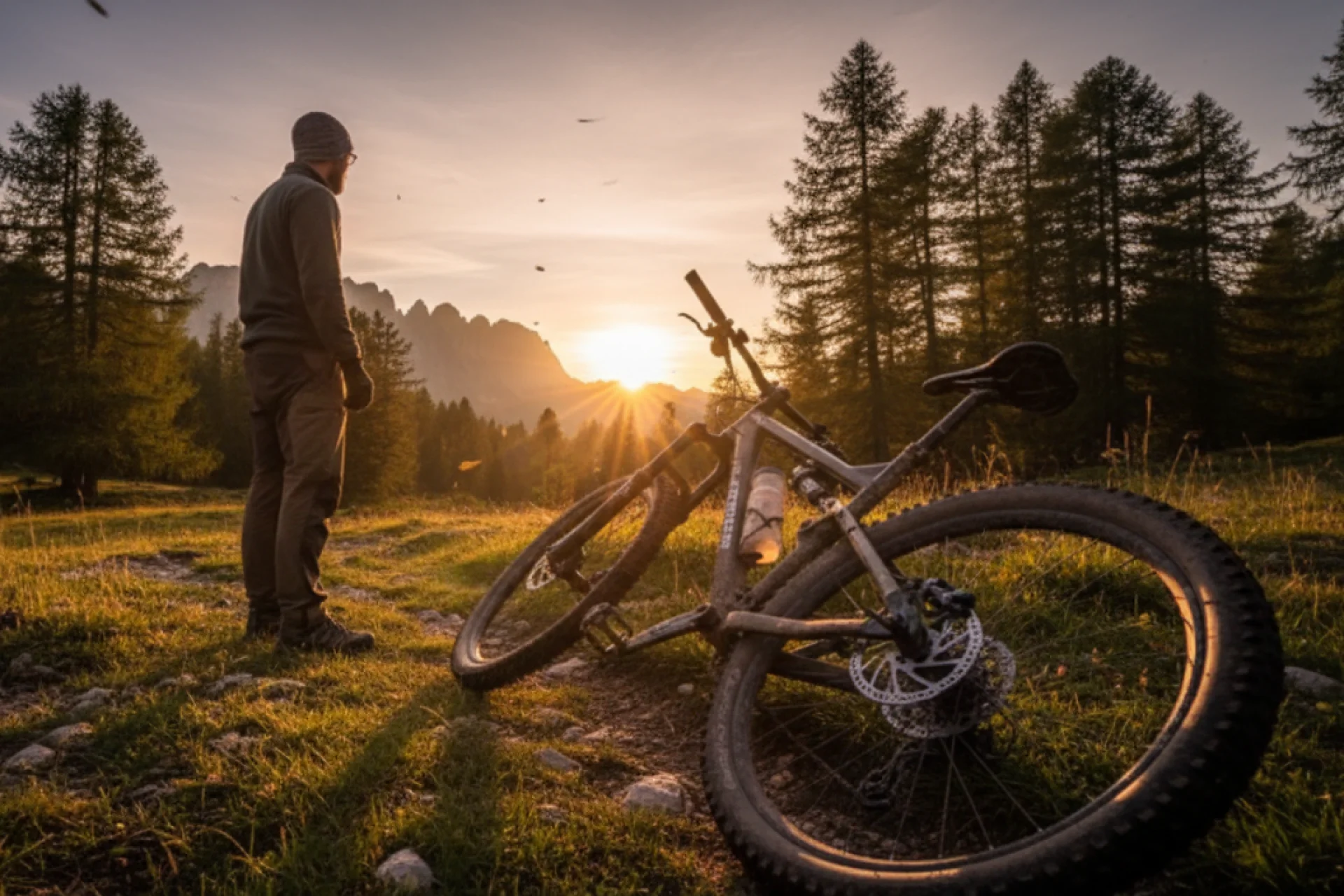 Cyclist at sunset near Tre Cime di Lavaredo.