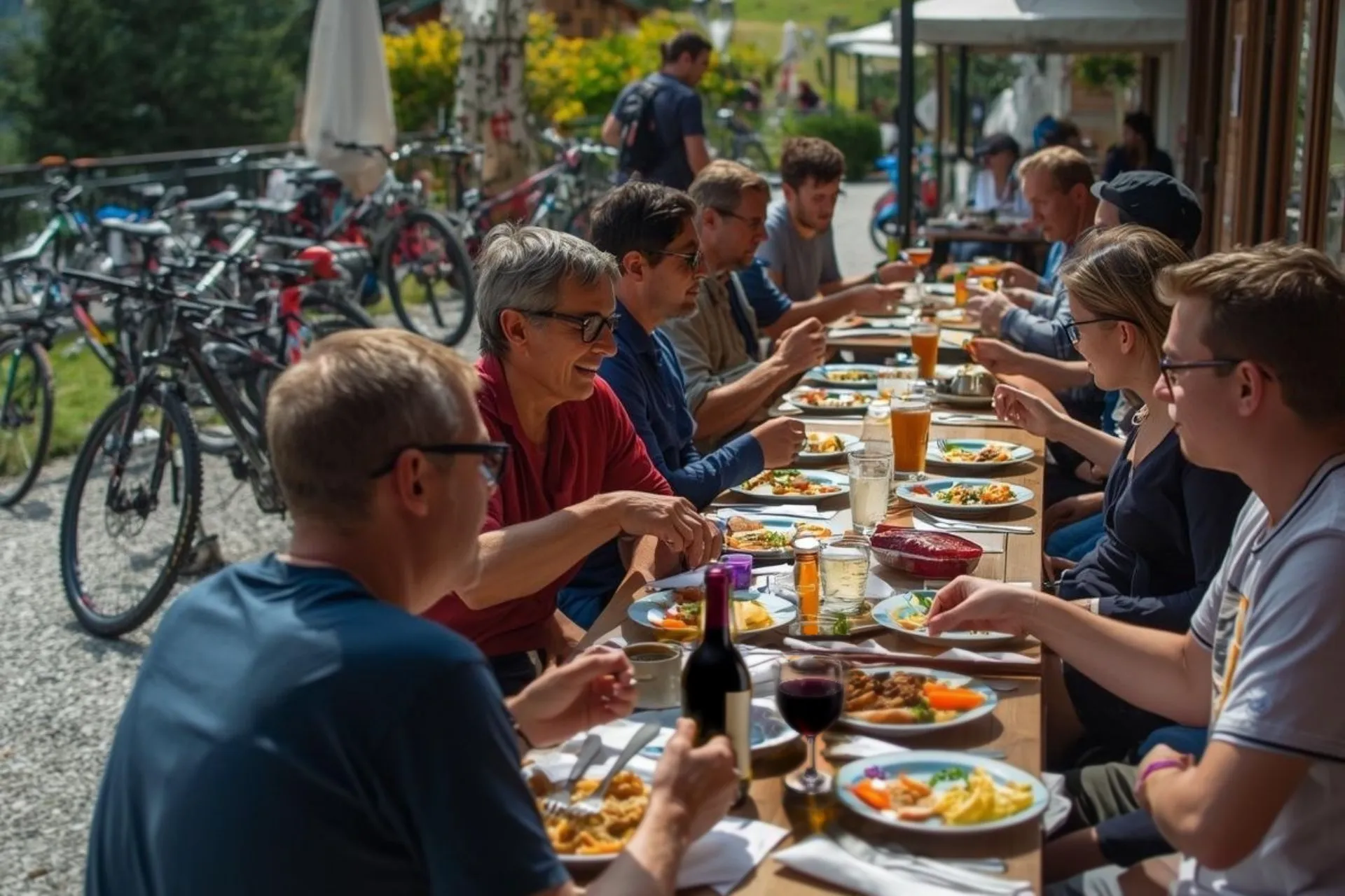 Cyclists stopping for lunch at a rifugio.