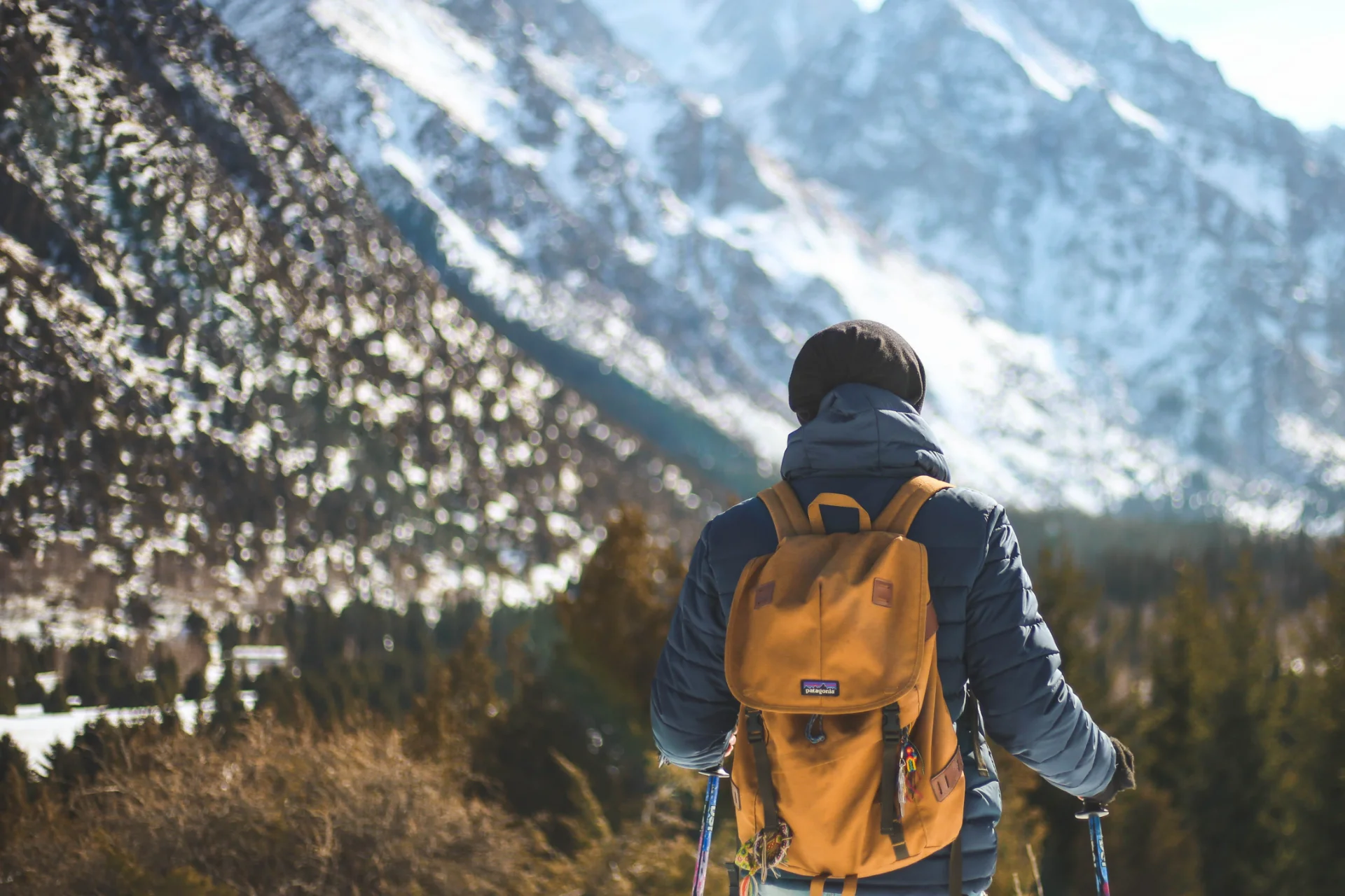 Hiker looking at view of snow covered mountains.