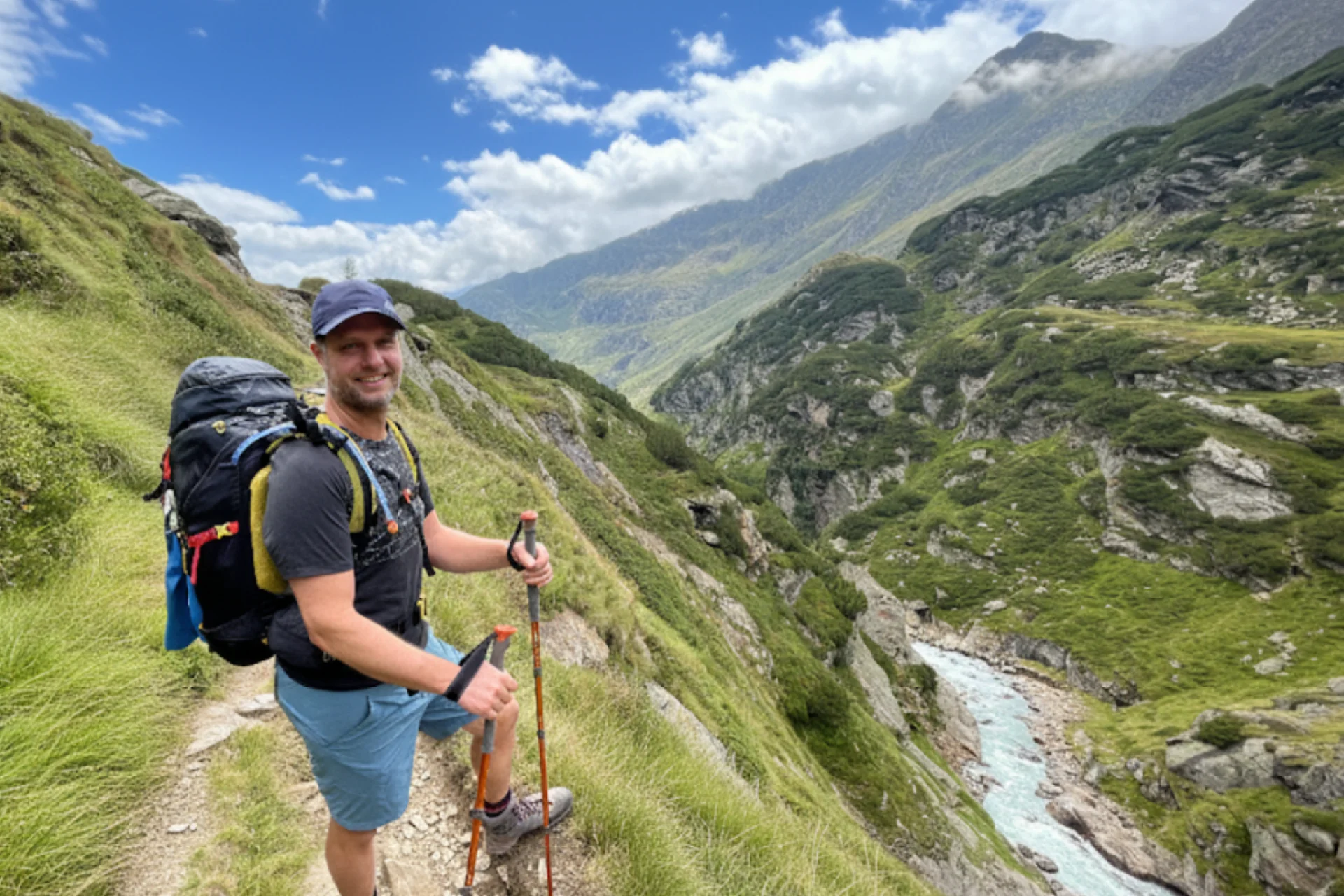 Hiker on the Bicchiere trail in the Dolomites.