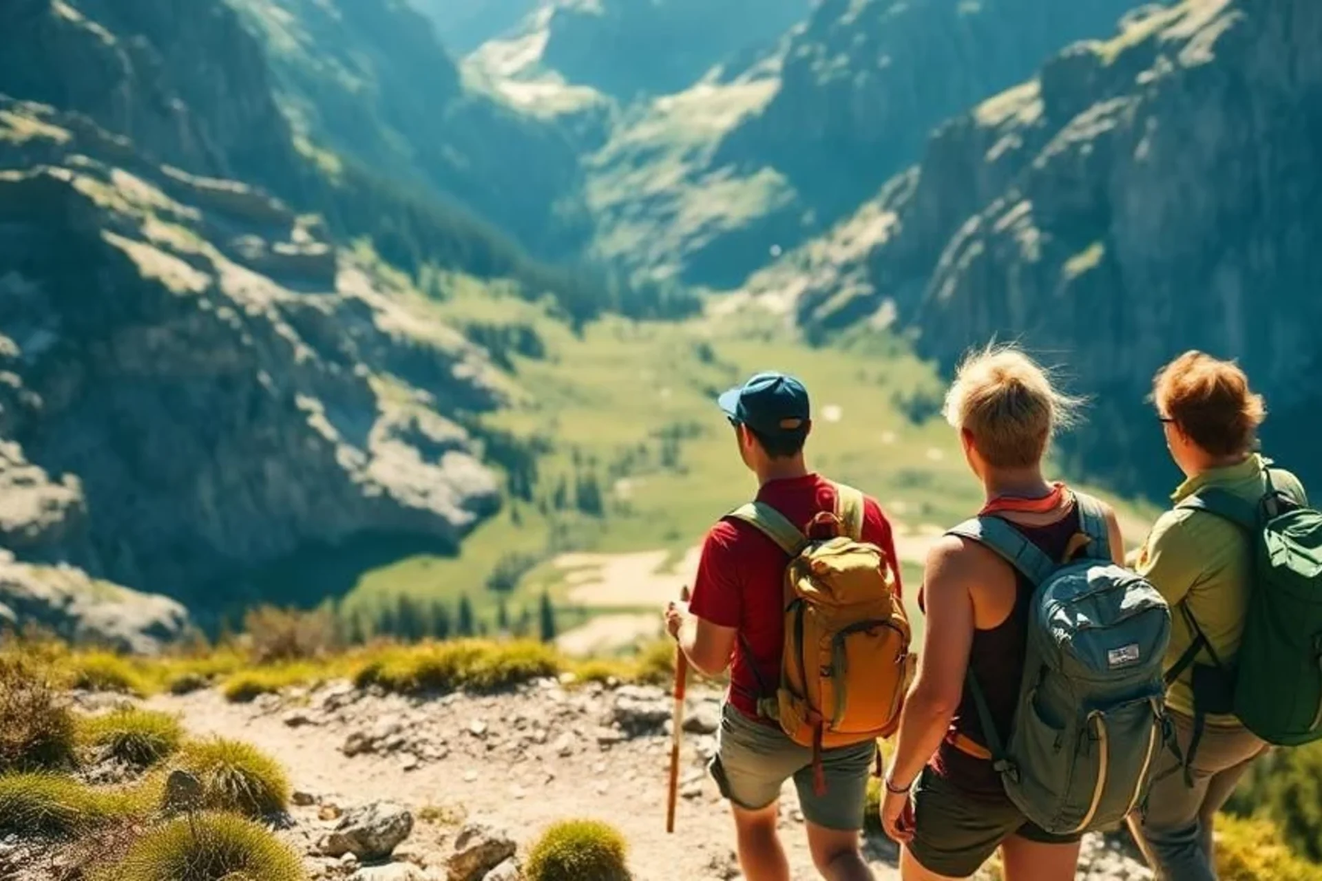 Hikers walking through valley.