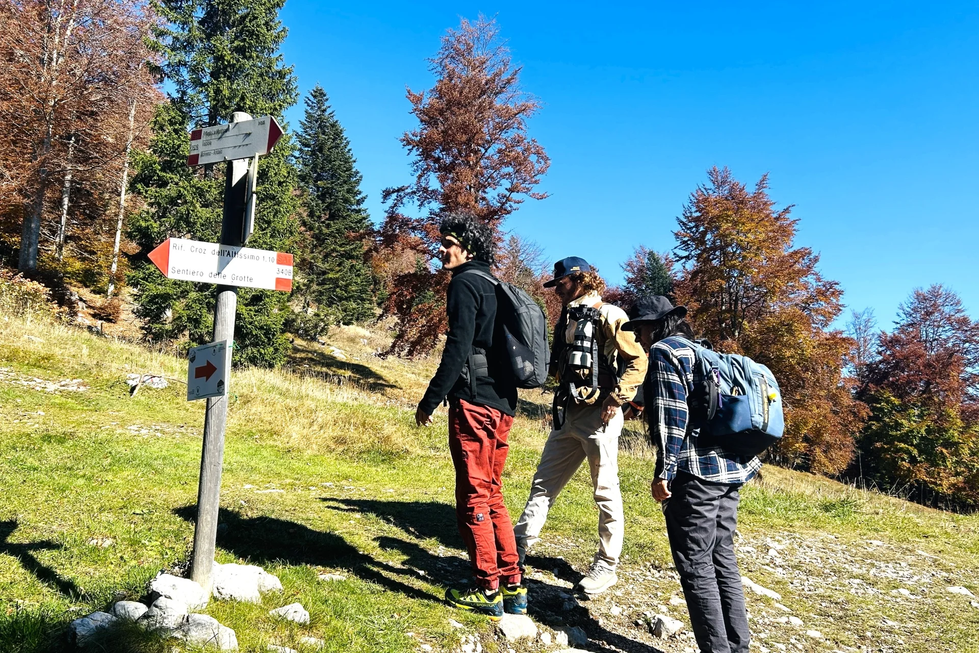 Hiking group looking at route signs.