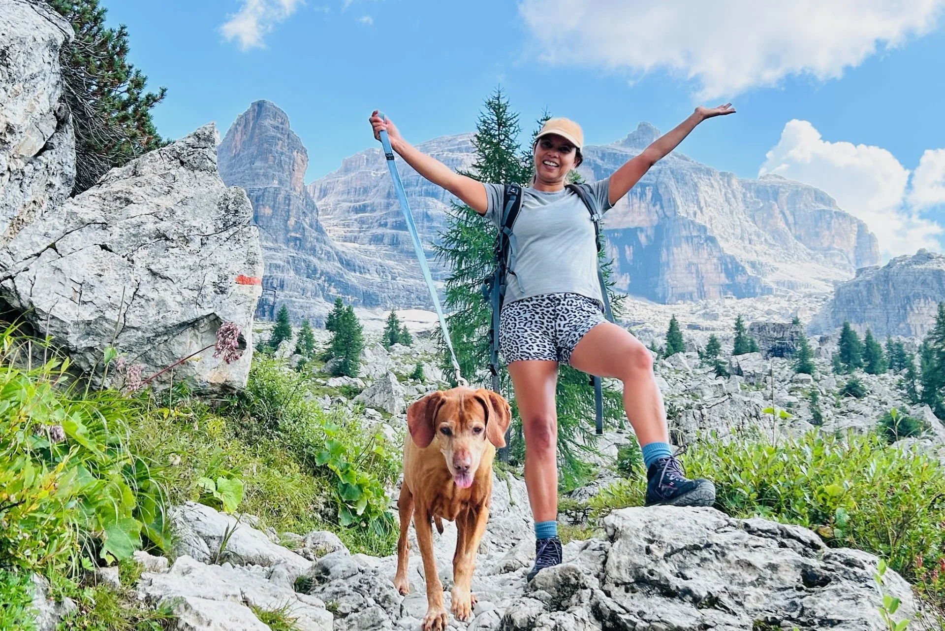 Lu and Cooper hiking through Madonna di Campiglio.
