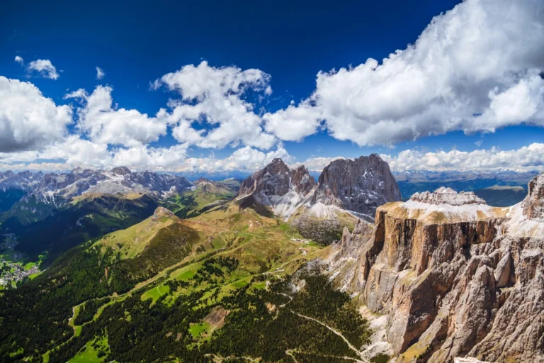 Sass Pordoi Mountain panorama, Dolomites, Italy.