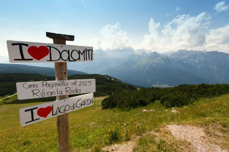 Sign at Cima Paganella - The Paganella summit in the Brenta Dolomites.