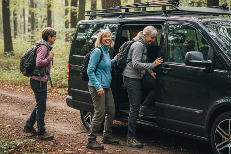 Guests getting into their minivan transport after a hike.