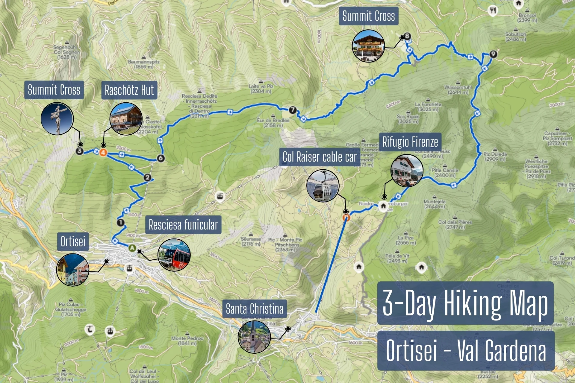 Val Gardena 3-day hiking route and hut map