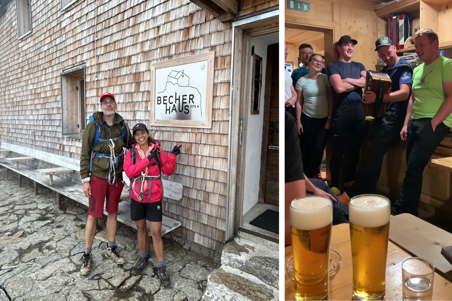 Arriving to Becherhaus Rifugio and evening entertainment.