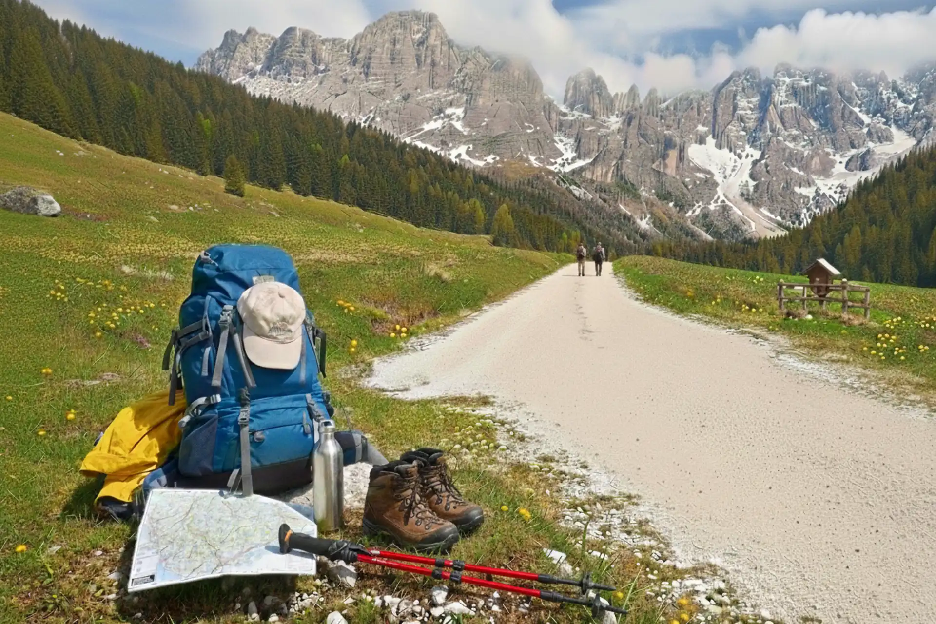 Backpack and hiking gear.