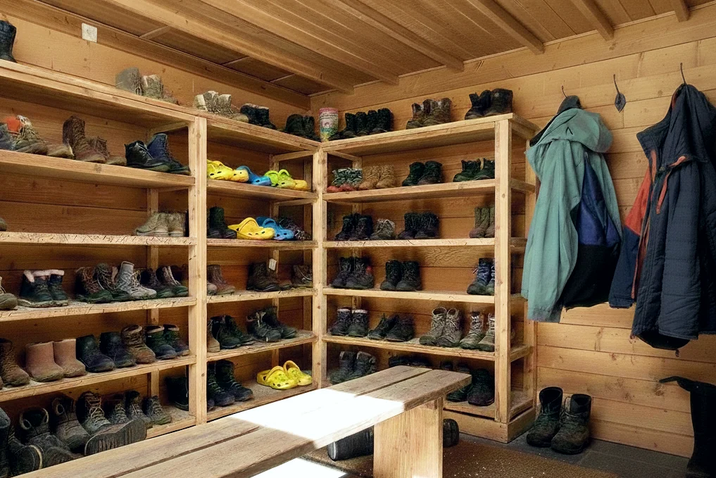 Boot room in a rifugio.