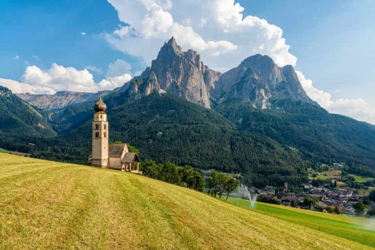 Church of San Valentino and the Sciliar Massif. Castelrotto.