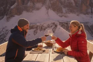 Couple on a gourmet Ski Safari in Alta Badia, Dolomites.