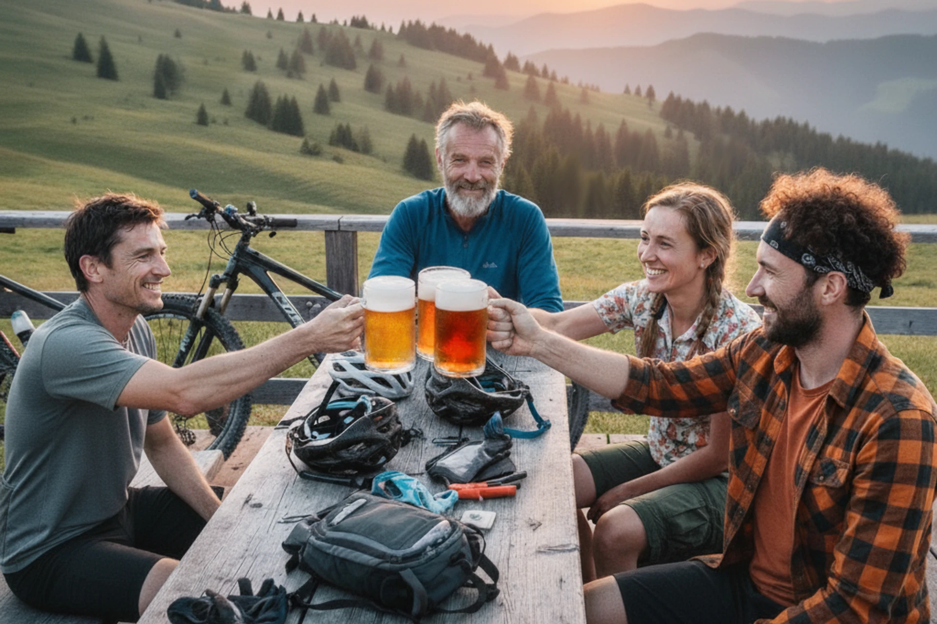Group of cyclists enjoying a beer at a rifugio in the mountains.