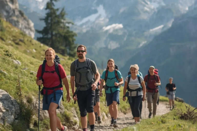 Group of hikers along a path in the Brenta Dolomites.