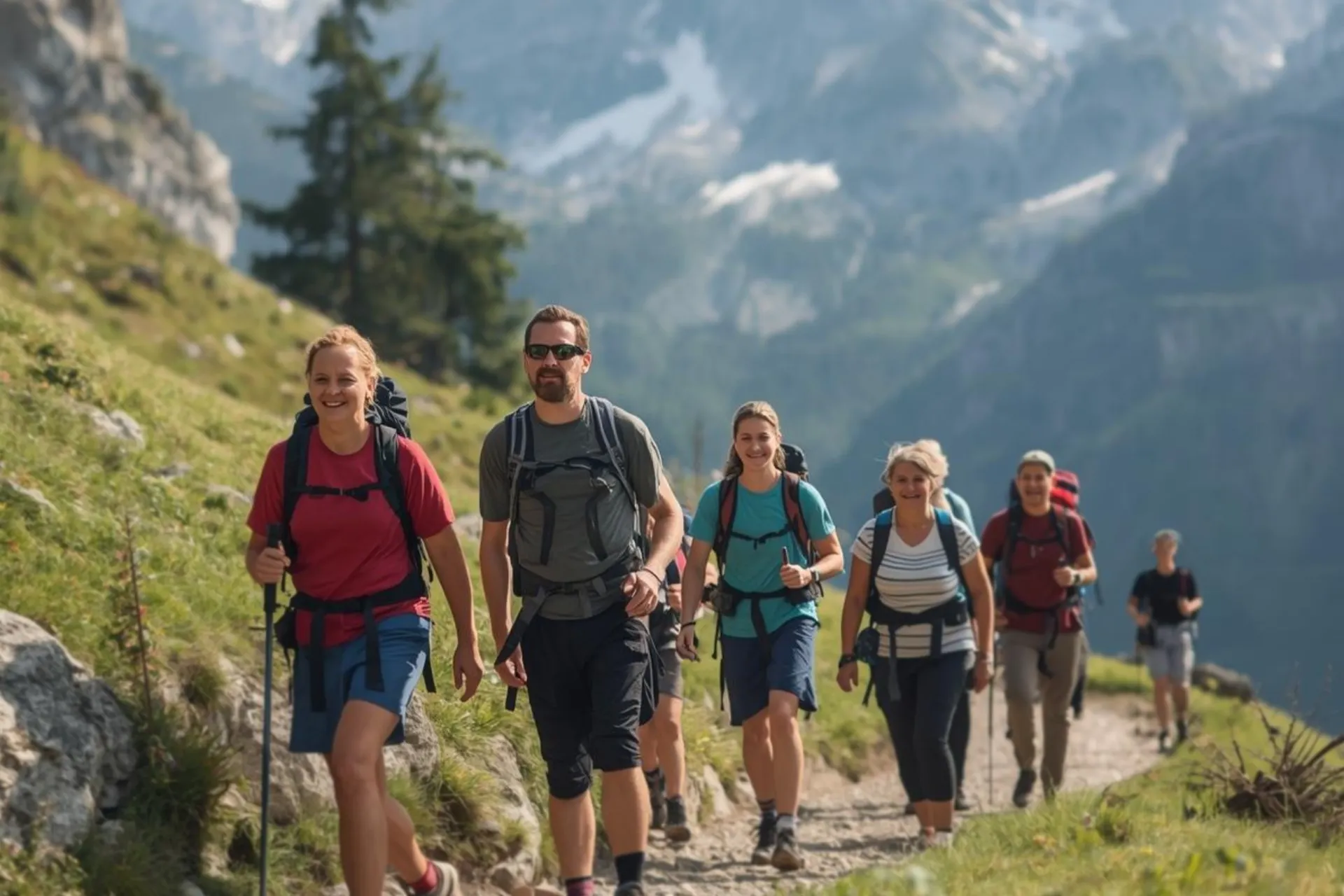 Group of hikers along a path in the Brenta Dolomites.