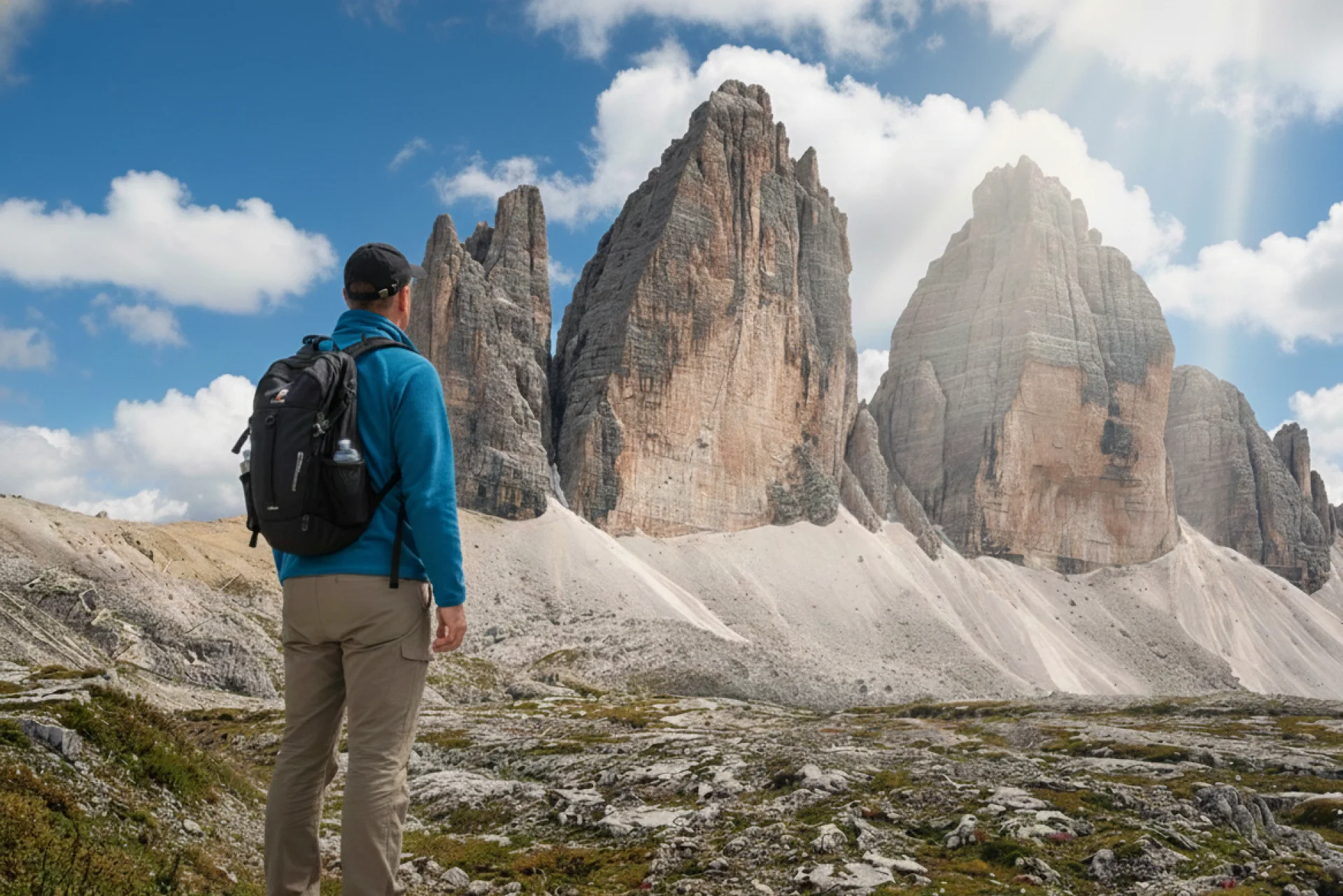 Hiker admiring the view of Tre Cime di Lavaredo.