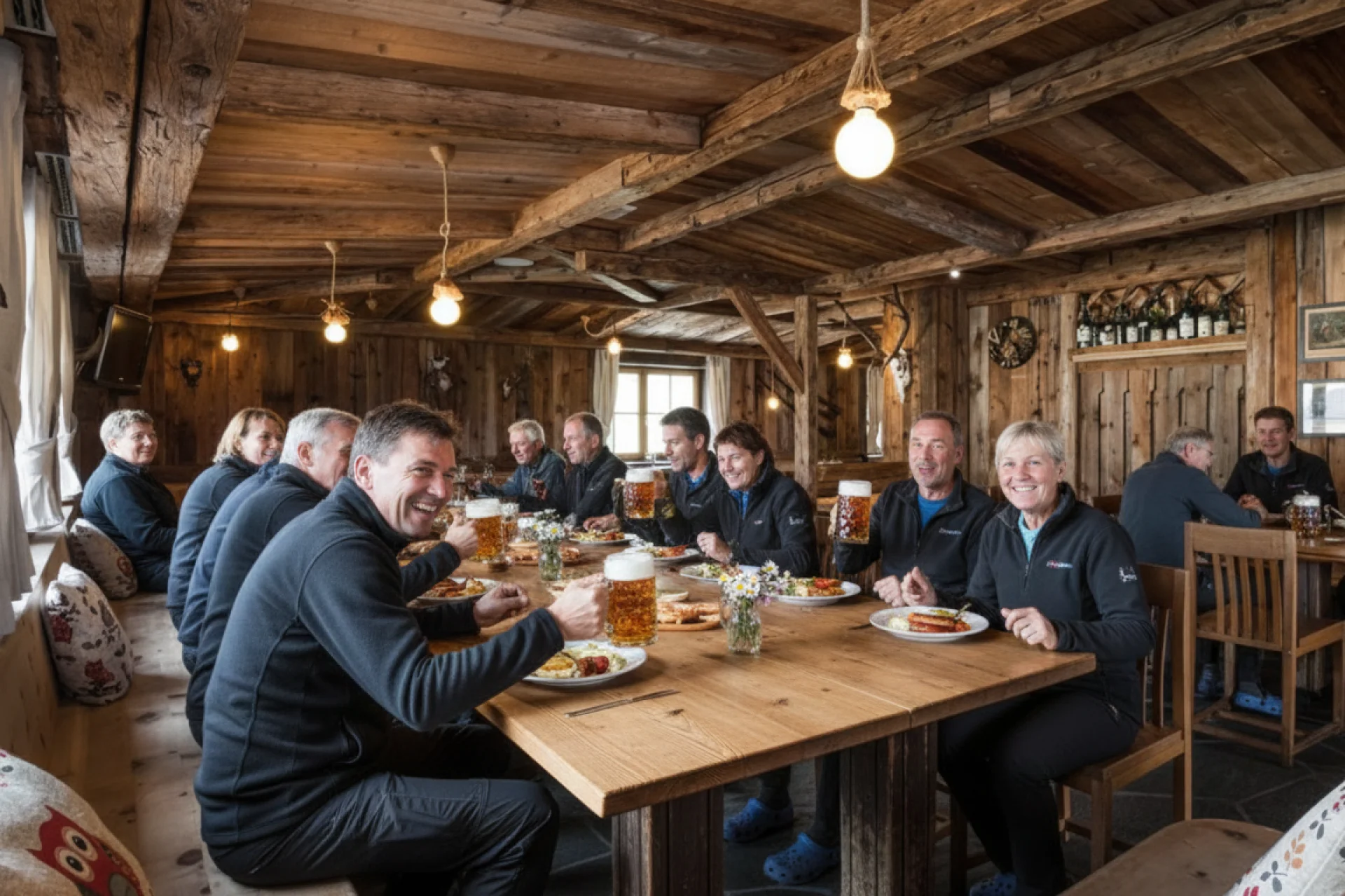 Hikers eating dinner at a rifugio.