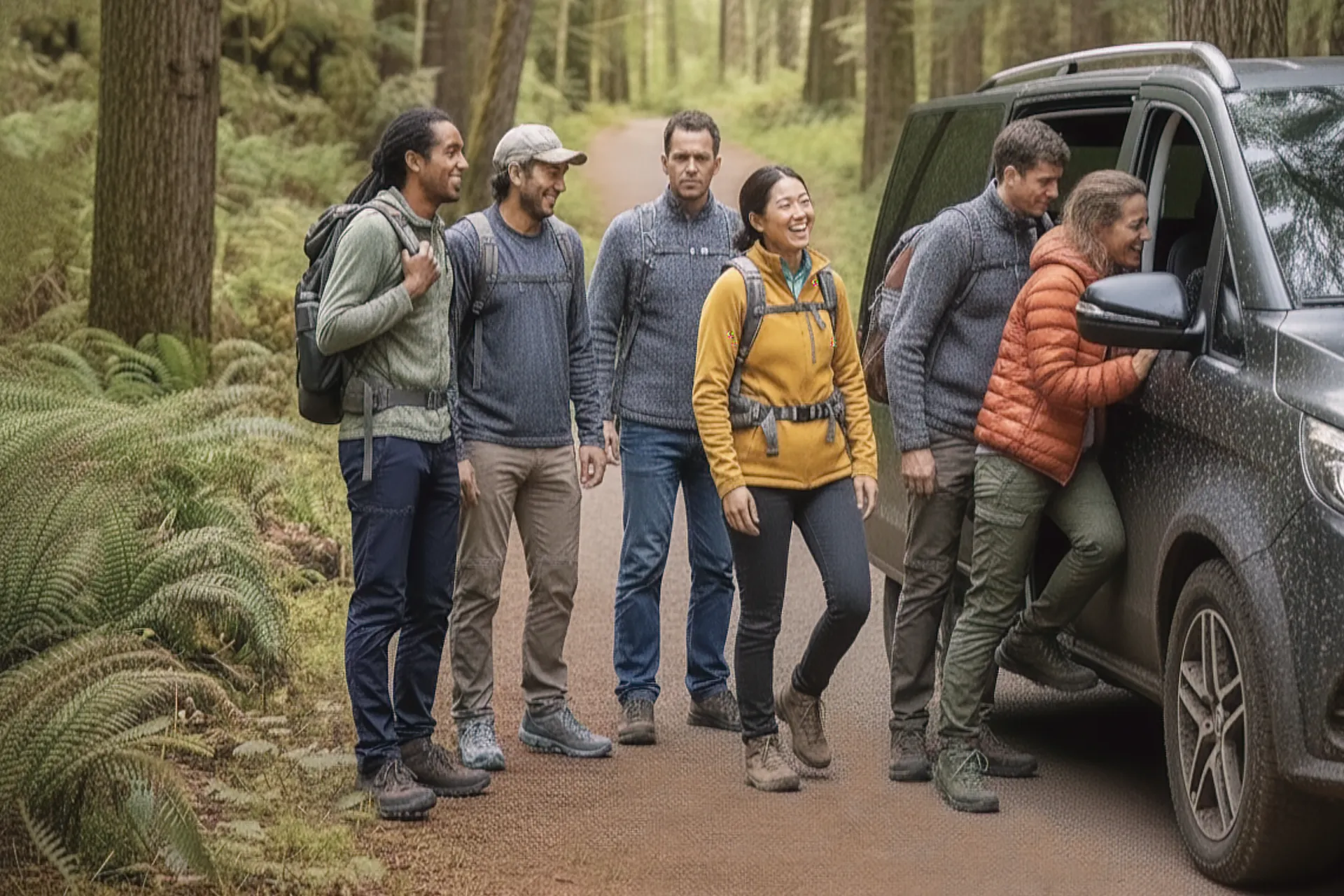 Hikers getting into a minivan.