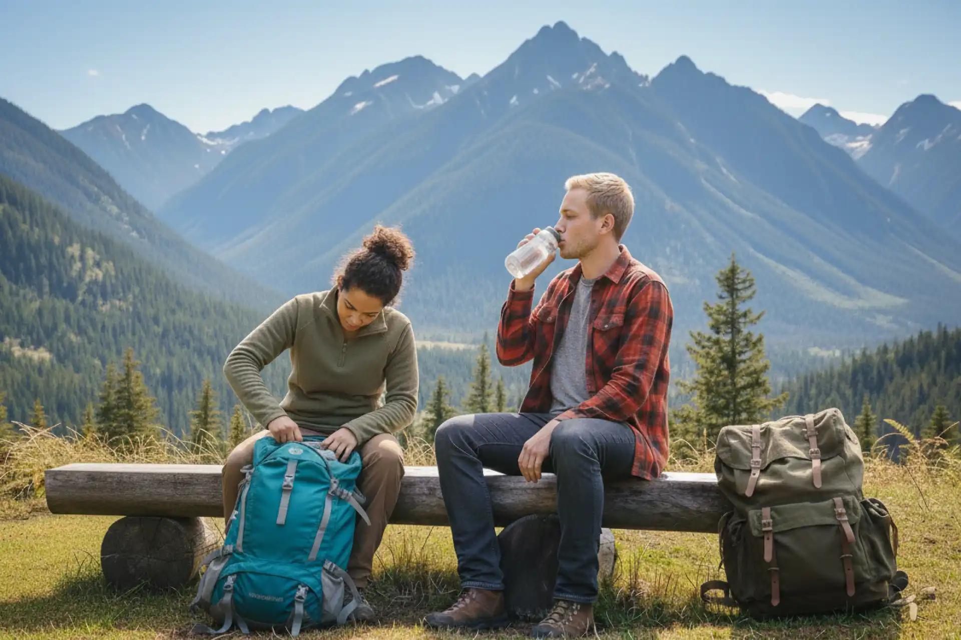 Hikers on a bench taking a break.