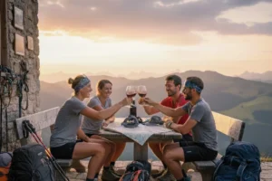 Hikers stopping for an aperitivo in the mountains.