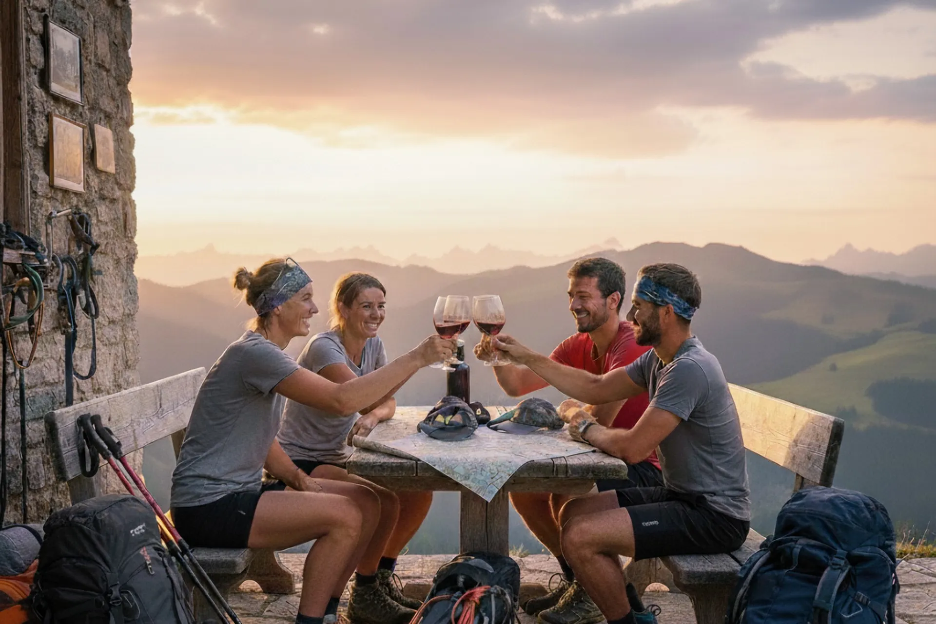 Hikers stopping for an aperitivo in the mountains.