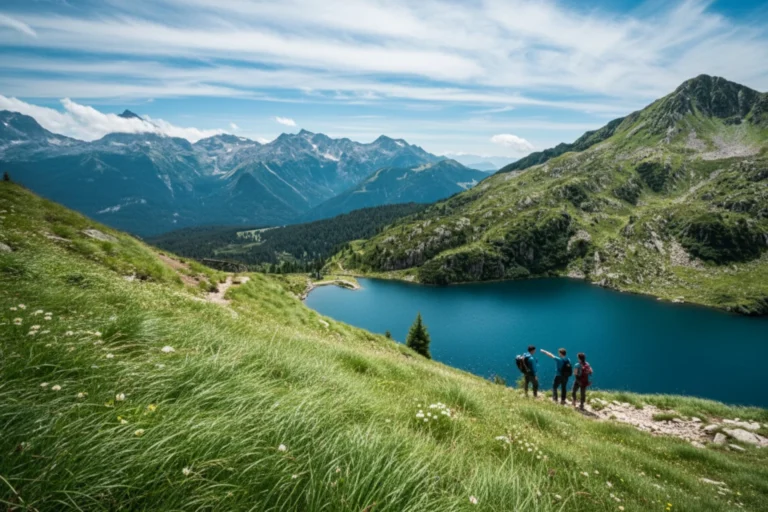 Lago Ritorto Brenta - hikers on the trail admiring the view.