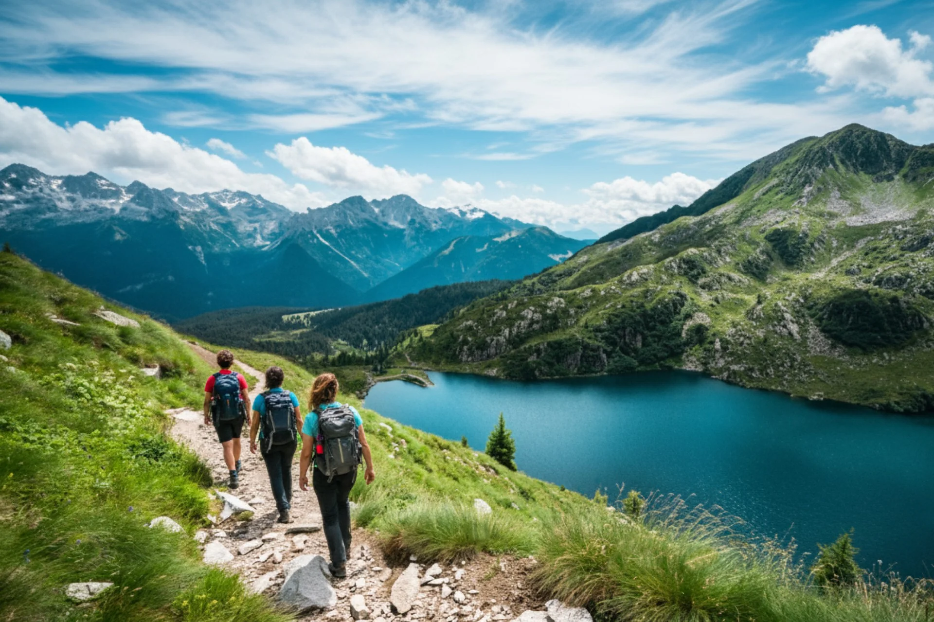 Lago Ritorto Brenta - Three hikers on the trail above the lake.