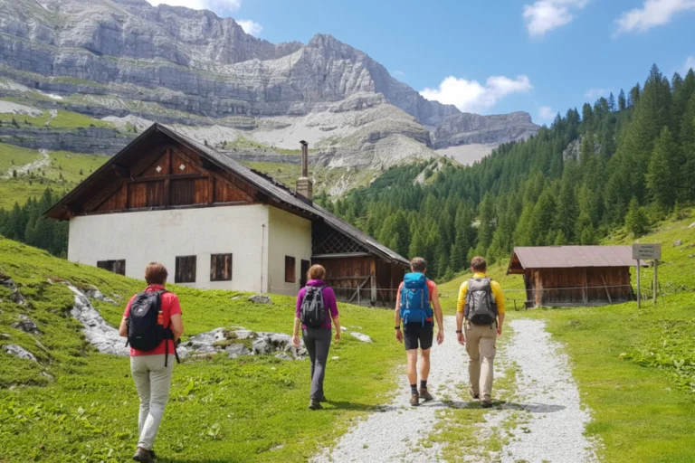 Hikers heading towards Malga Vagliana in the Brenta Dolomites.