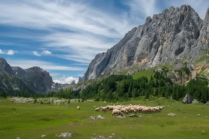 Marmolada Dolomites South Face with sheep grazing in the meadows below.