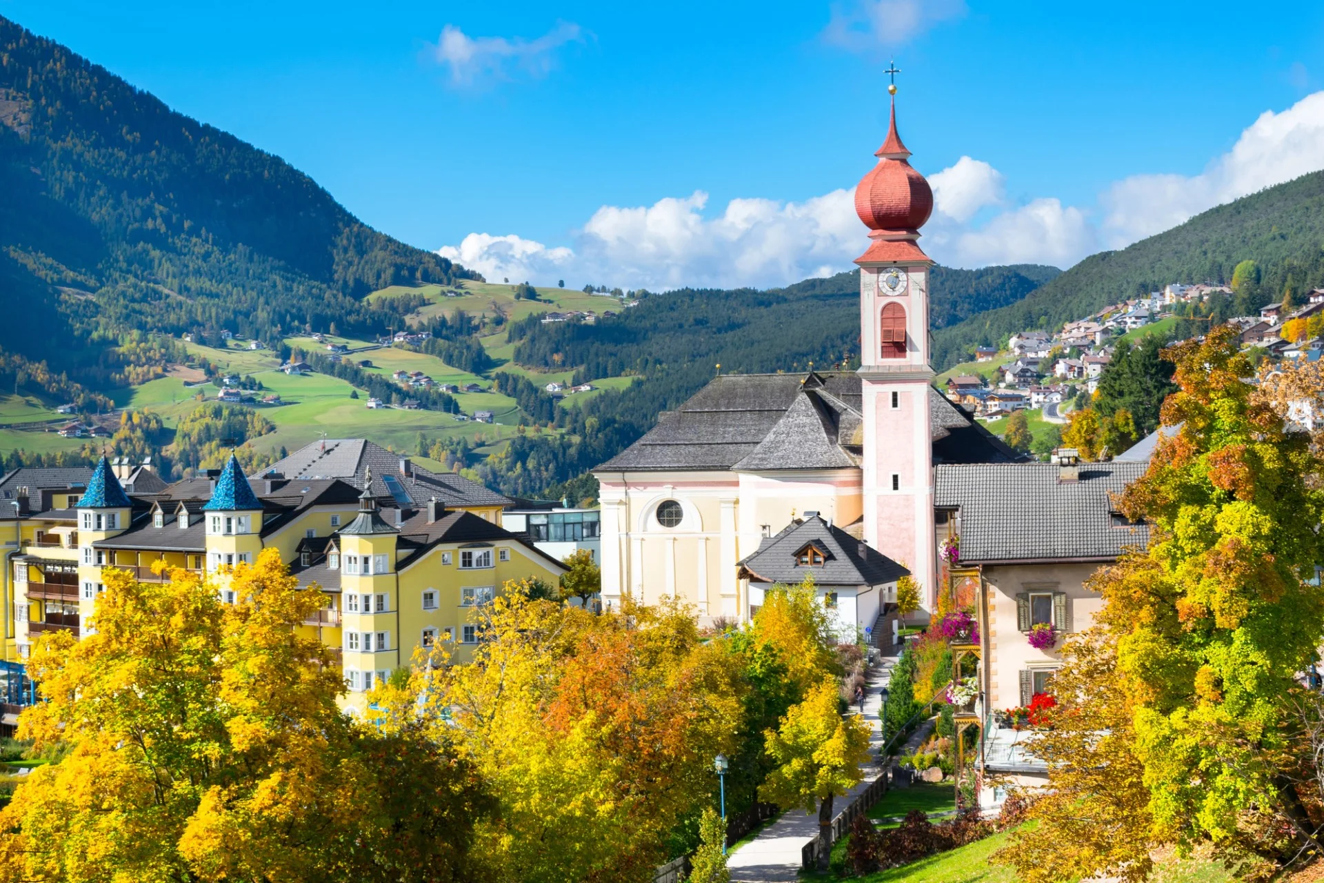 Ortisei Parish Church located in Val Gardena, Dolomites.