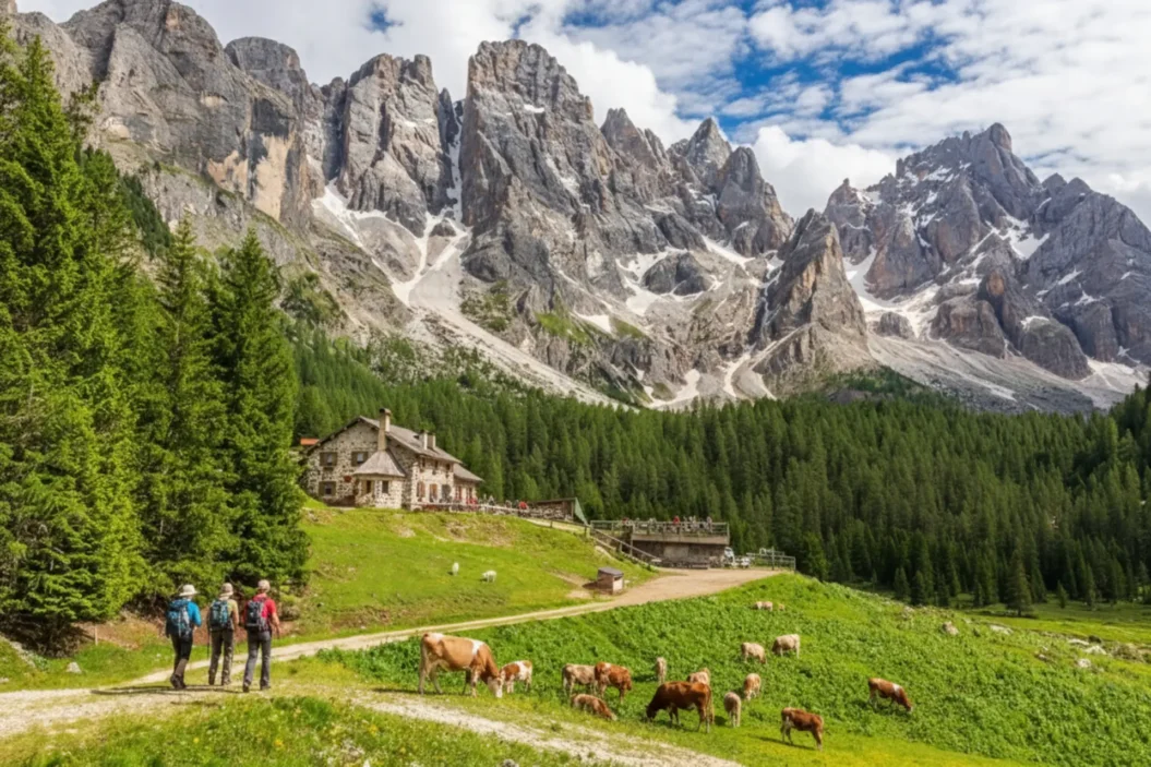 Pale di San Martino Natural Park, hikers head towards the rifugio while cattle graze.