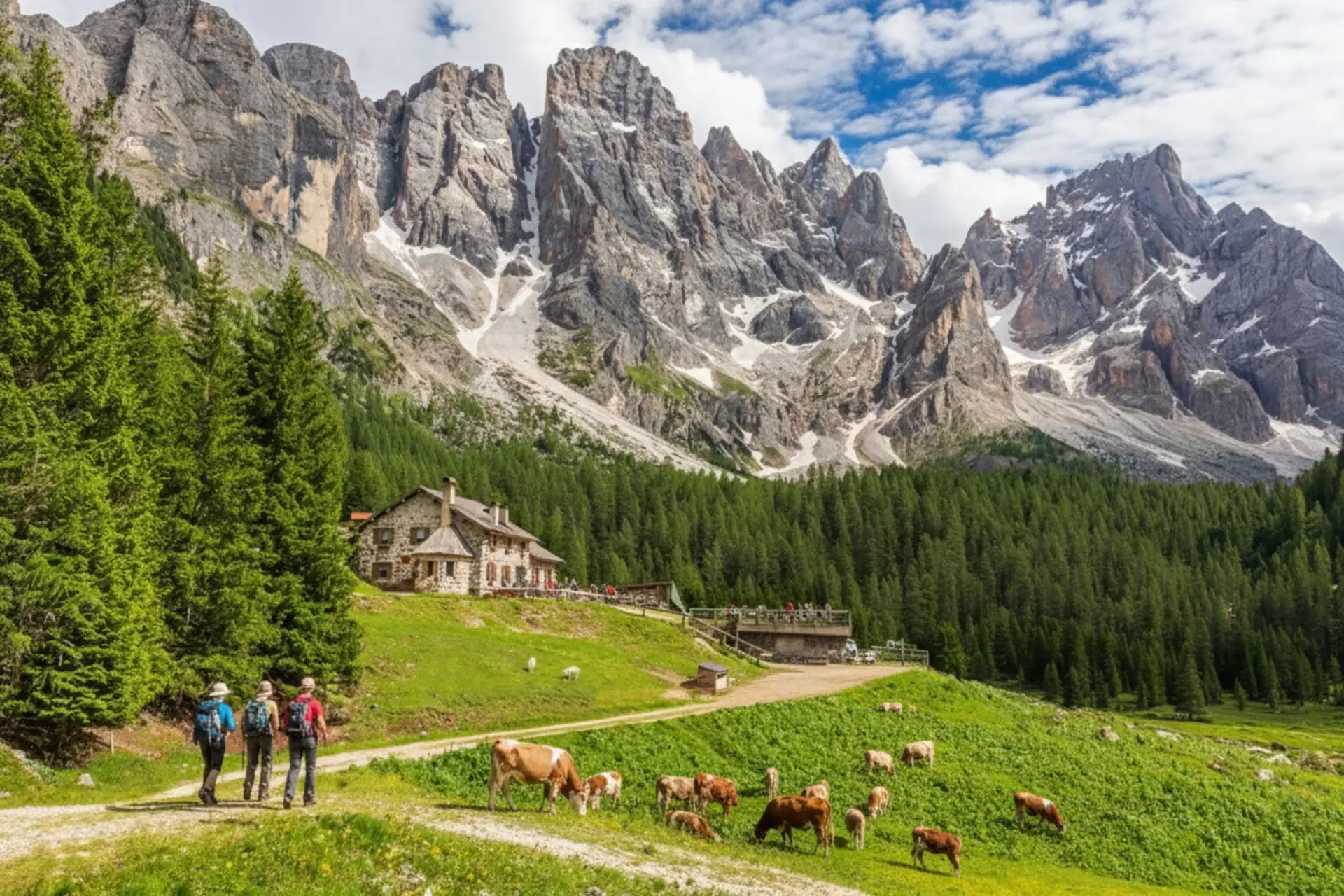 Pale di San Martino Natural Park, hikers head towards the rifugio while cattle graze.