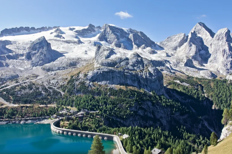 Passo Fedaia above the lake with Marmolada in the backround.