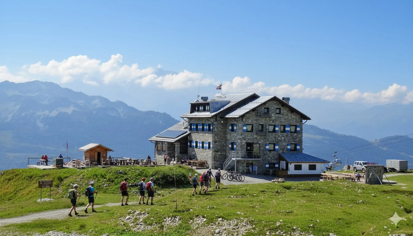 Rifugio Graffer, above Madonna di Campiglio with the Grostè cable car passing behind it.