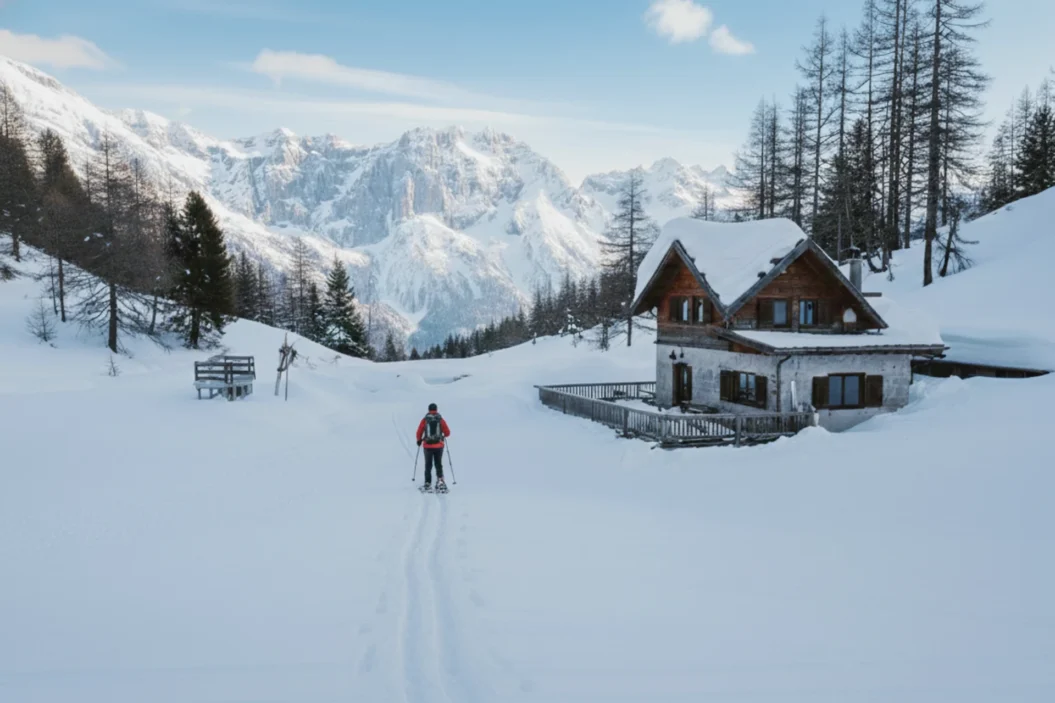 Skier passing by Rifugio Malghette - Madonna di Campiglio.