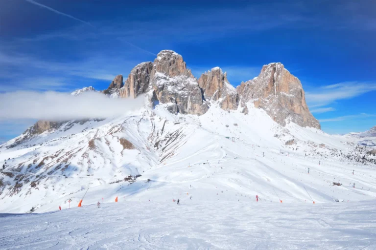 Sellaronda ski slopes with view of Sella Group.