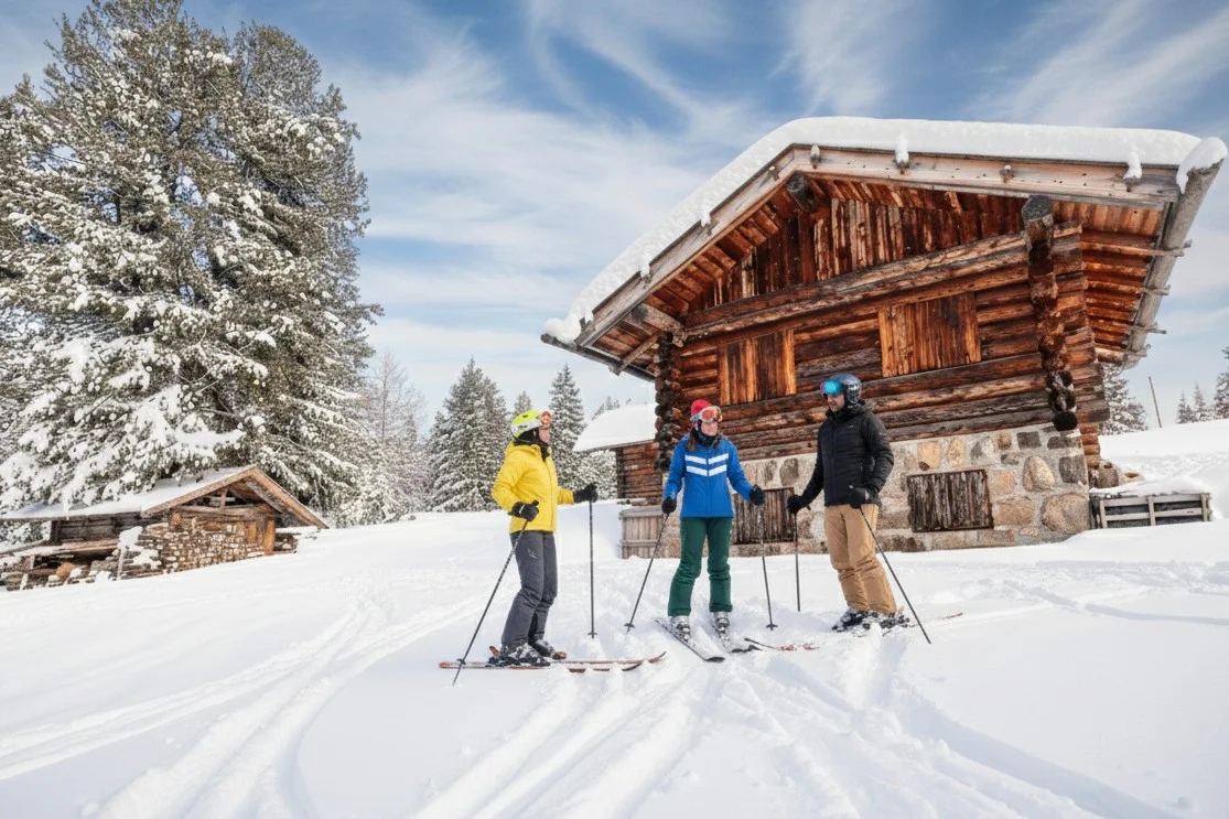 Skiers at a small hut in the snow.