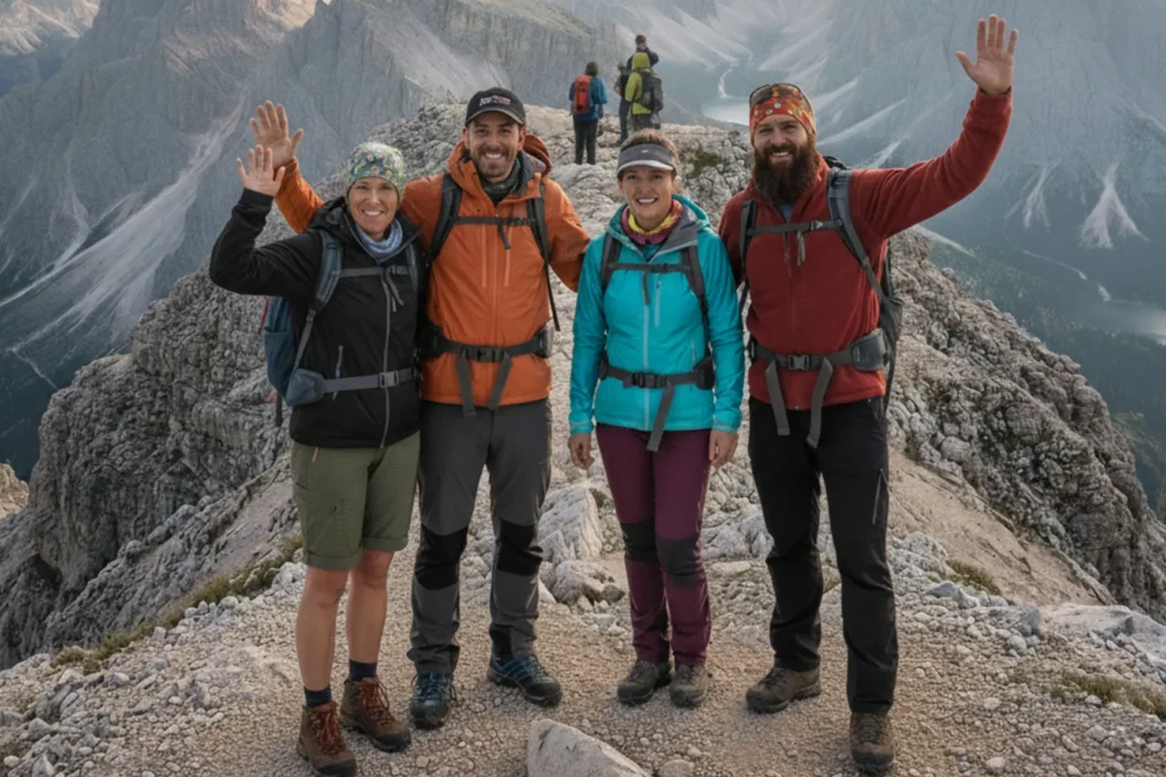 Tourist group at the summit of a hike in the Dolomites.