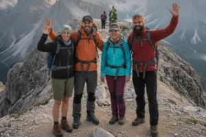 Tourist group at the summit of a hike in the Dolomites.