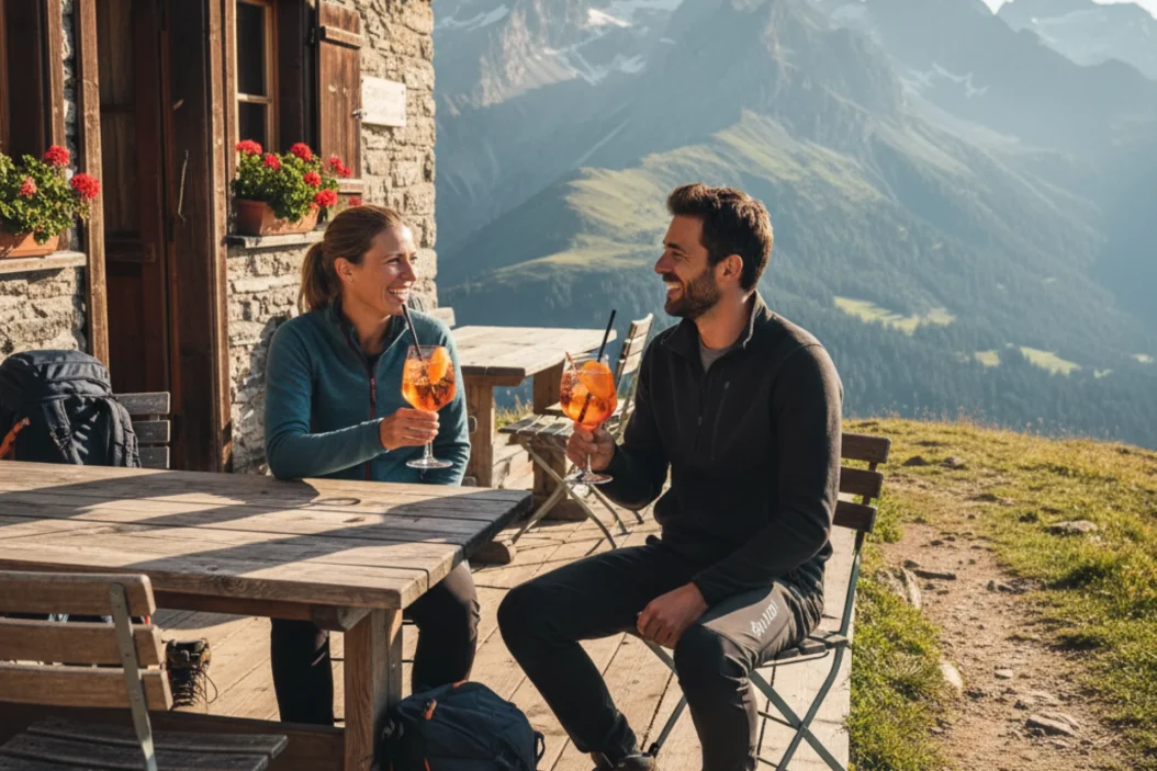 Two hikers enjoying an Aperol spritz.