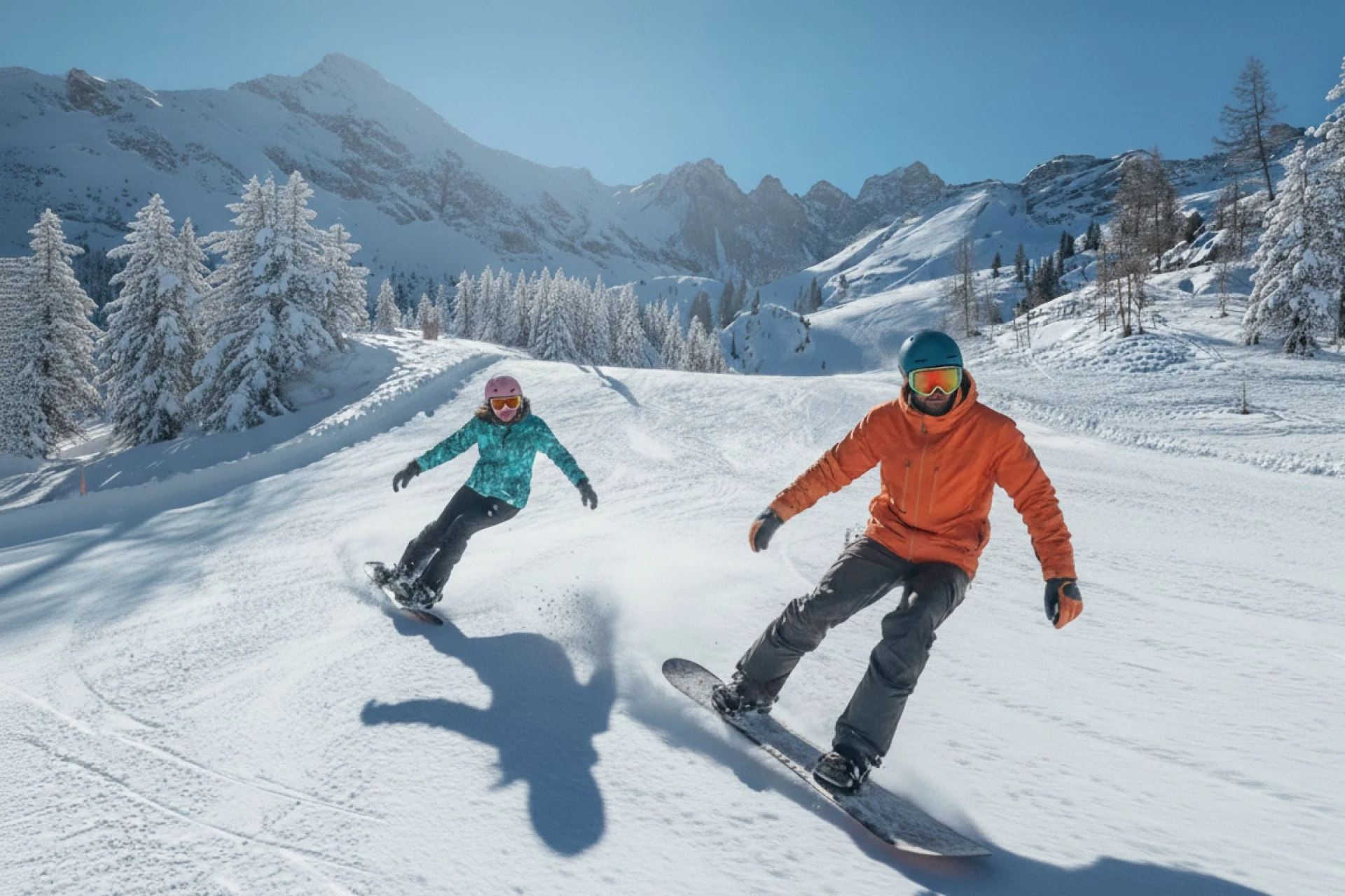 Two snowboarders at Cortina d'Impezzo Dolomites.