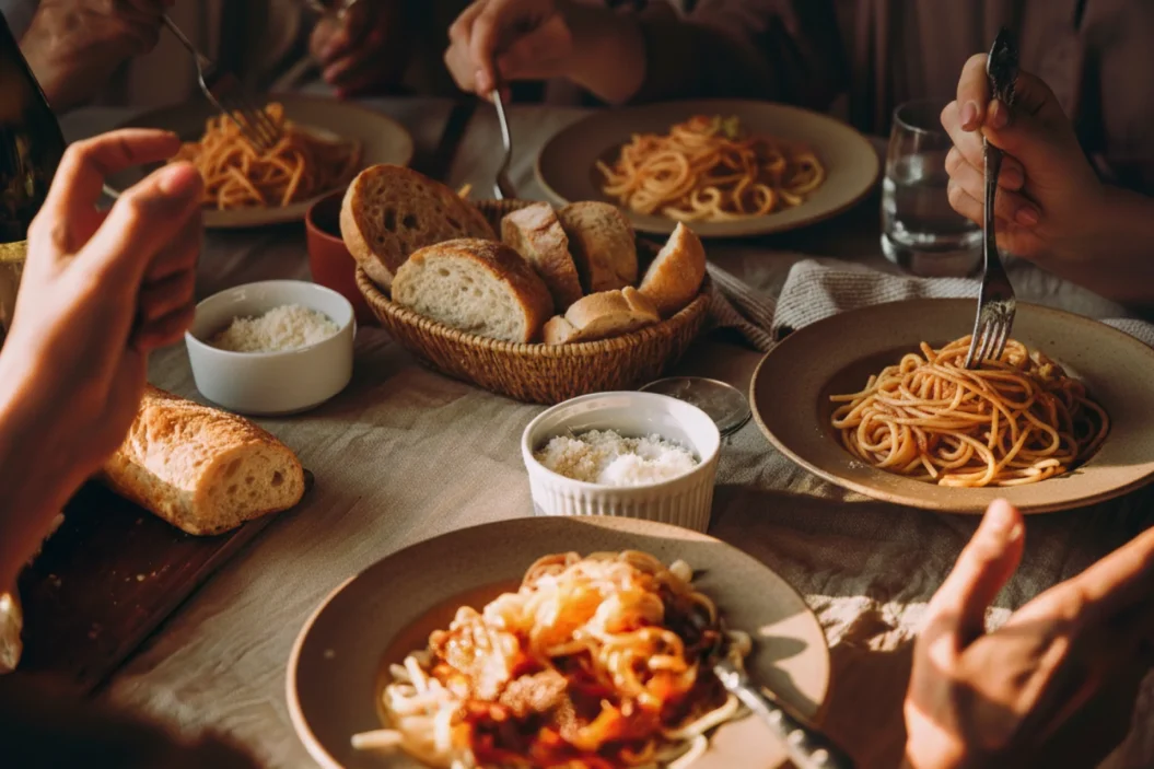 Typical mountain hut food at a communal table.