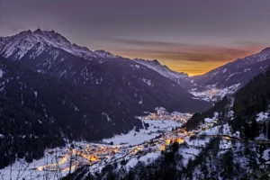 Val di Sole towns by night in winter.