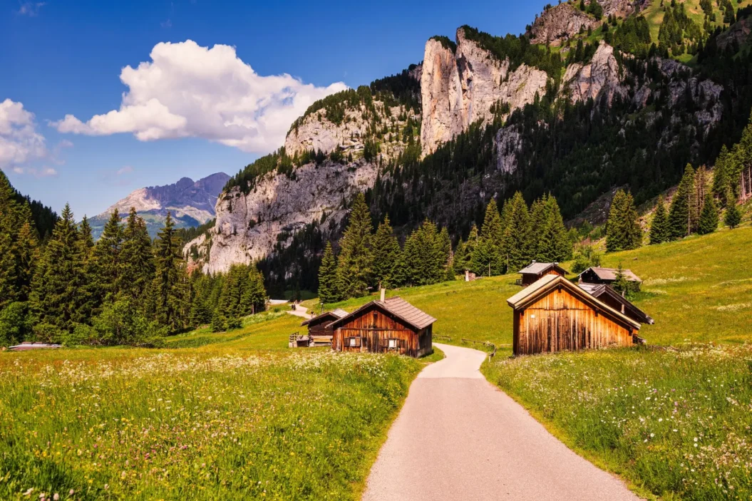 Val San Nicolò - small typical wooden alpine huts.