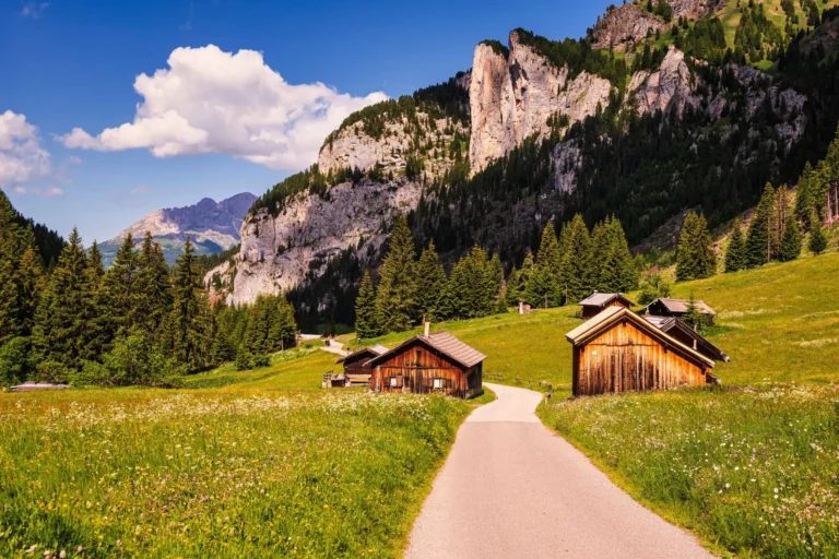 Val San Nicolò - small typical wooden alpine huts.