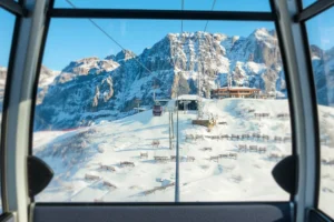 View from inside Pinzolo cable car up towards Doss del Sabion.