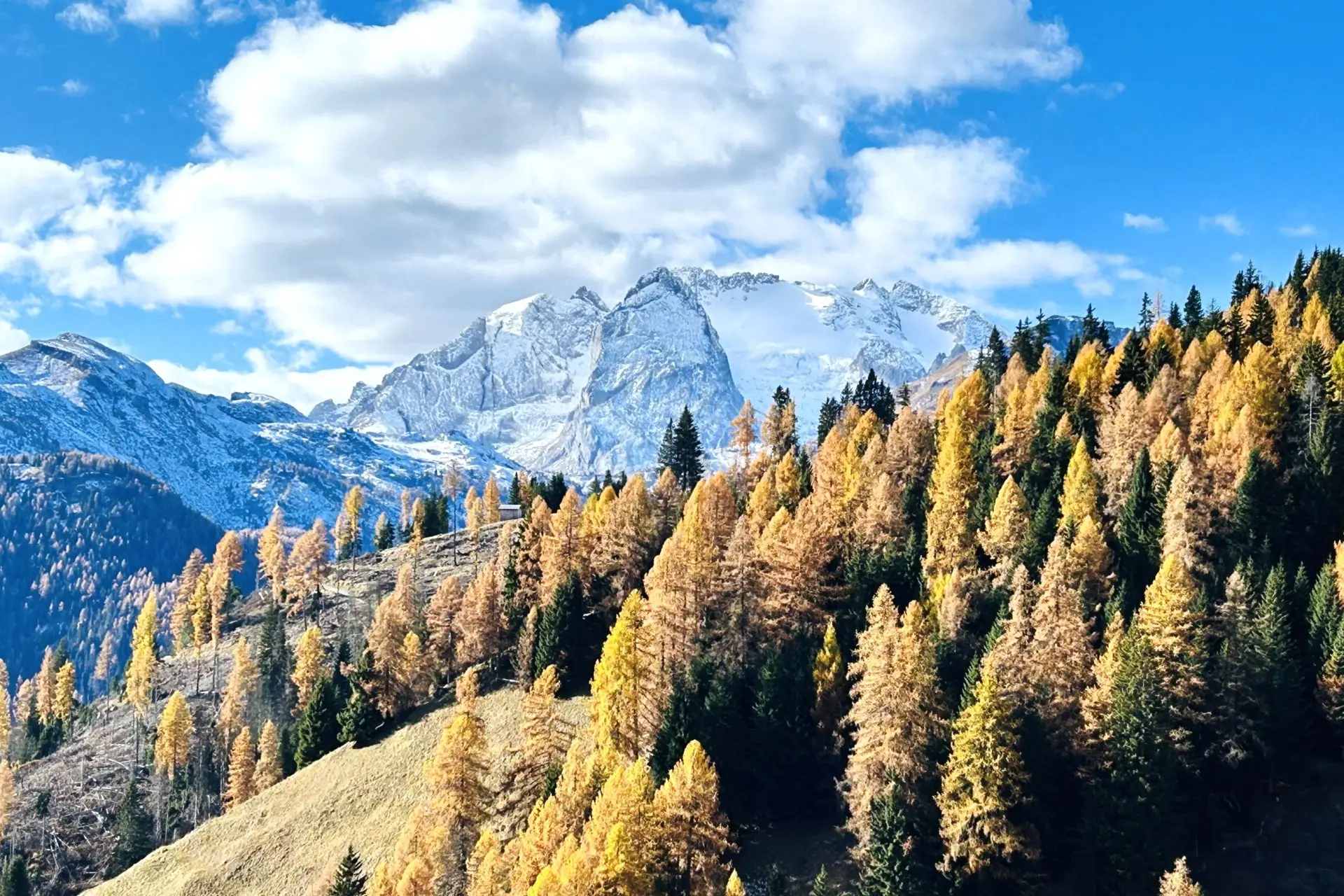 View of Marmolada north face in autumn.