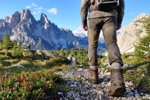 Hiker at Passo Tre Croci near Cortina.