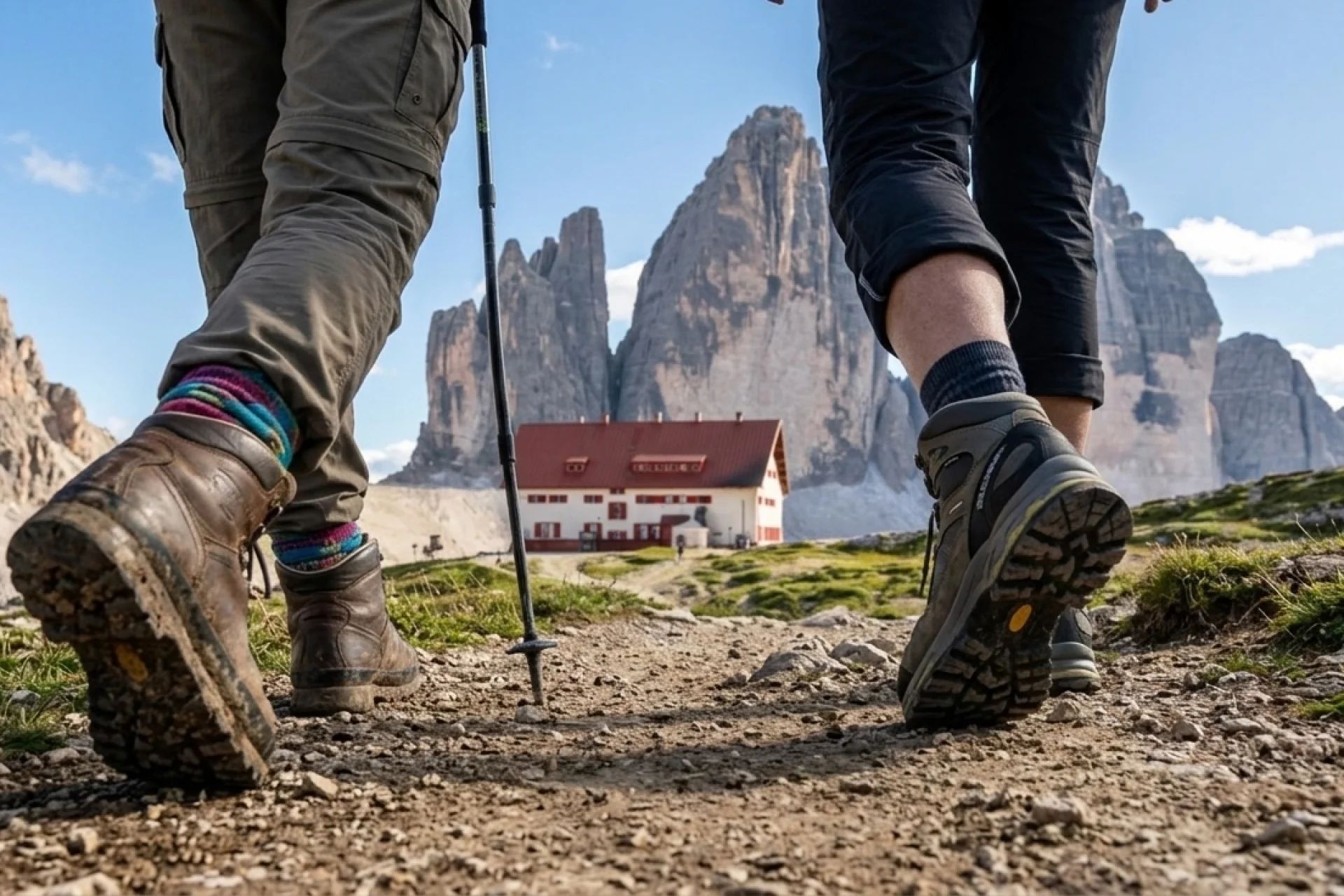 Hikers approaching Rifugio Locatelli at Tre Cime di Lavaredo.